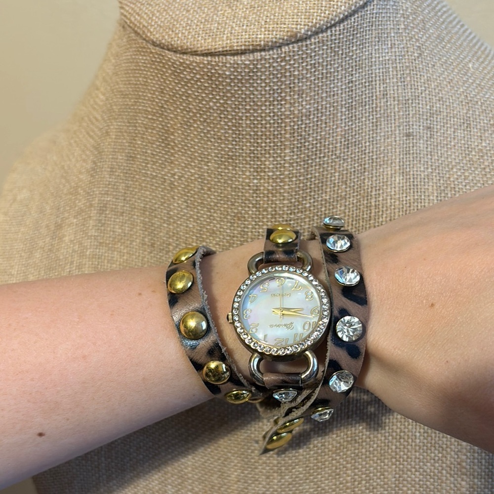 Leopard Print Wrap Watch with Gold and Silver Accents